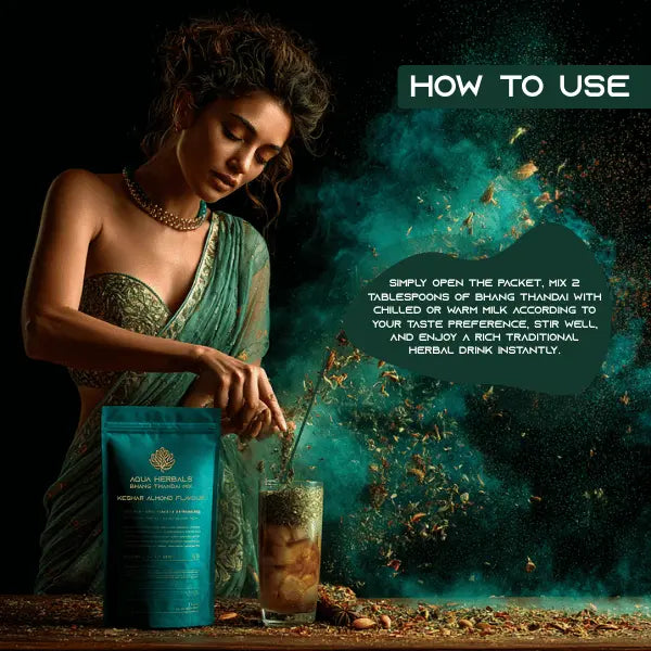 How to prepare Bhang Thandai by mixing the herbal bhang blend with milk for a refreshing traditional drink experience