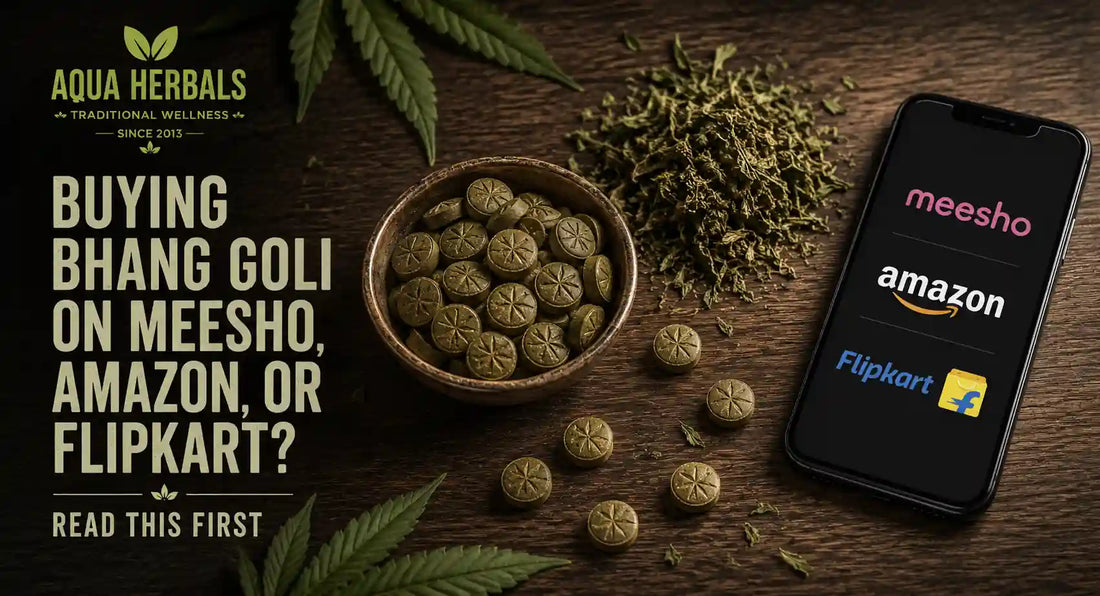 Bhang goli tablets and dried cannabis leaf beside a phone showing an online shopping cart