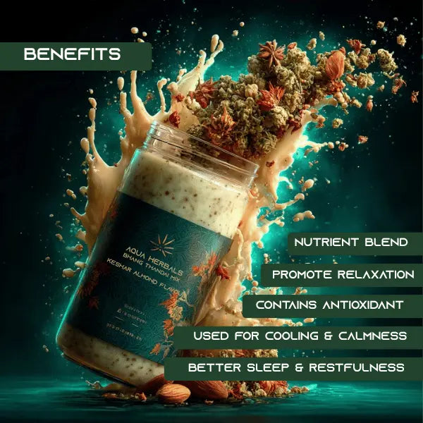 Benefits of Bhang Thandai including relaxation, cooling experience, rich taste, and traditional herbal wellness support
