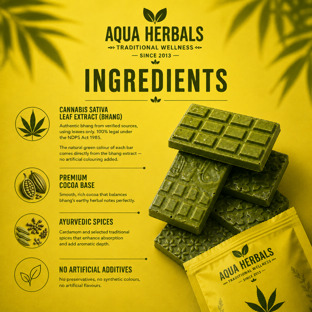 Bhang Chocolate Bar ingredients square image – cannabis sativa leaf extract gives natural green colour, premium cocoa base, Ayurvedic spices cardamom, no artificial additives – AquaHerbals traditional wellness since 2013