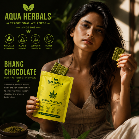 AquaHerbals Bhang Chocolate Bar lifestyle image – pure authentic Ayurvedic green bhang chocolate bar and yellow pouch, natural and Ayurvedic, relax and unwind, supports digestion, promotes better sleep, buy online India with COD