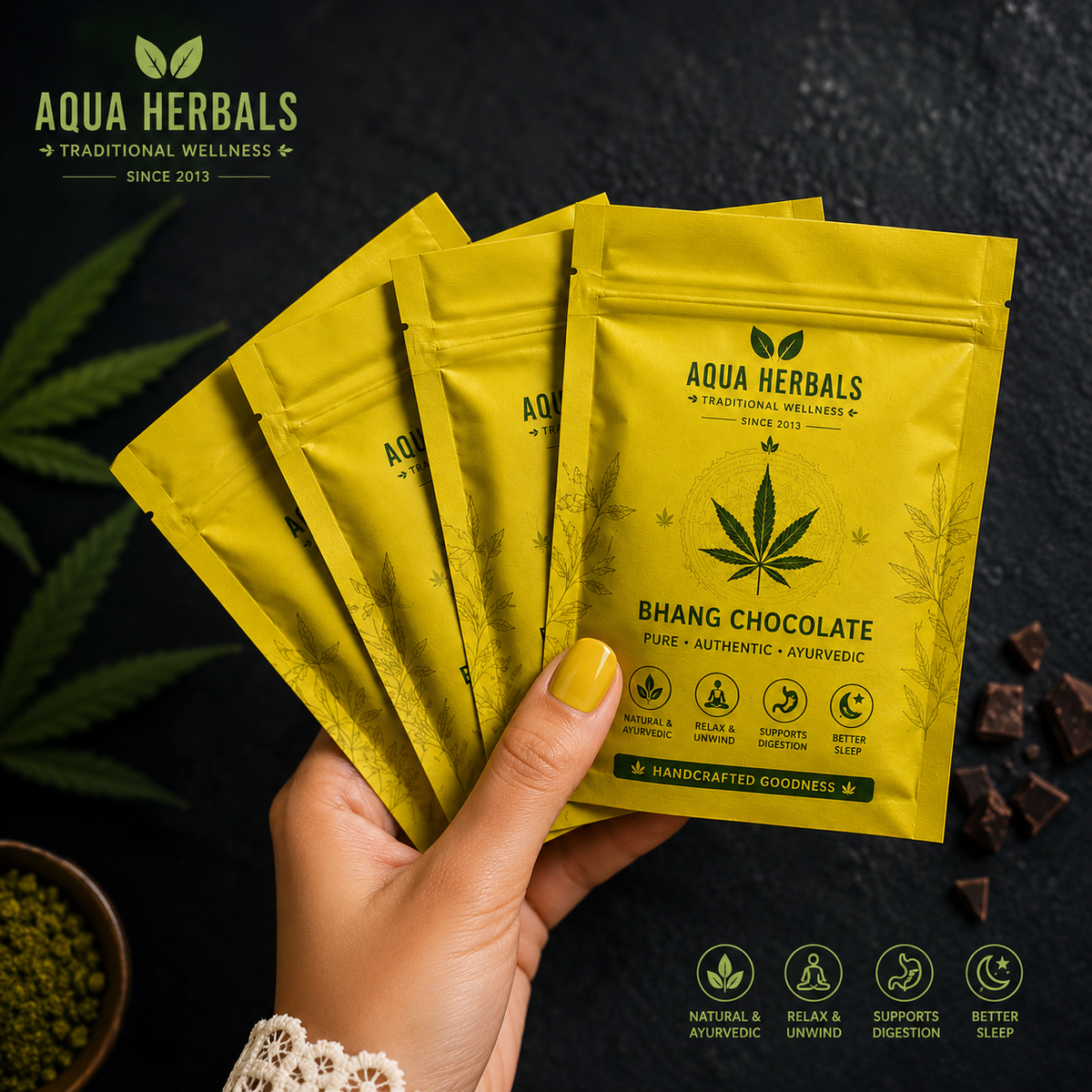 AquaHerbals Bhang Chocolate Bar yellow zip pouch packaging – pure authentic Ayurvedic bhang chocolate, natural and Ayurvedic, relax and unwind, supports digestion, better sleep, handcrafted goodness, buy online with COD India