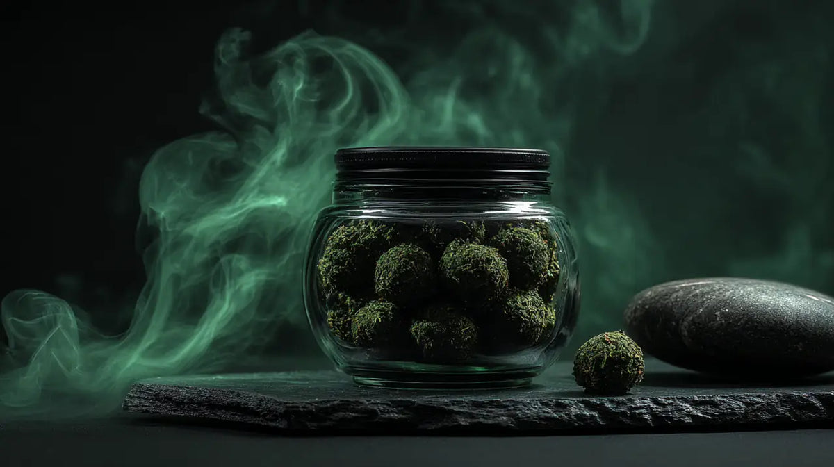 Airtight storage jar containing traditional bhang goli for freshness preservation