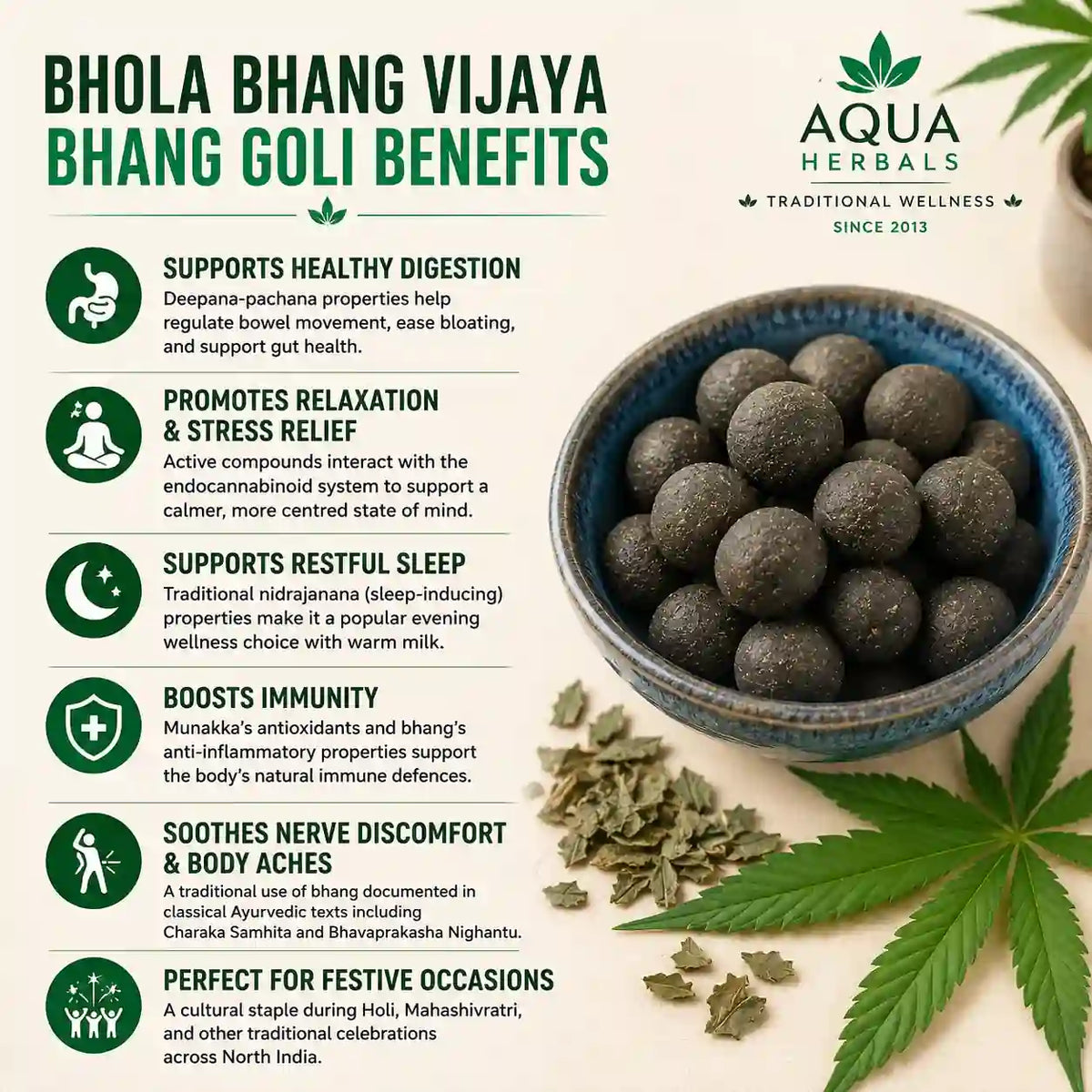 Bhola Bhang Goli benefits by AquaHerbals – supports healthy digestion, promotes relaxation and stress relief, supports restful sleep, boosts immunity, soothes nerve discomfort and body aches, perfect for Holi and Mahashivratri festive occasions