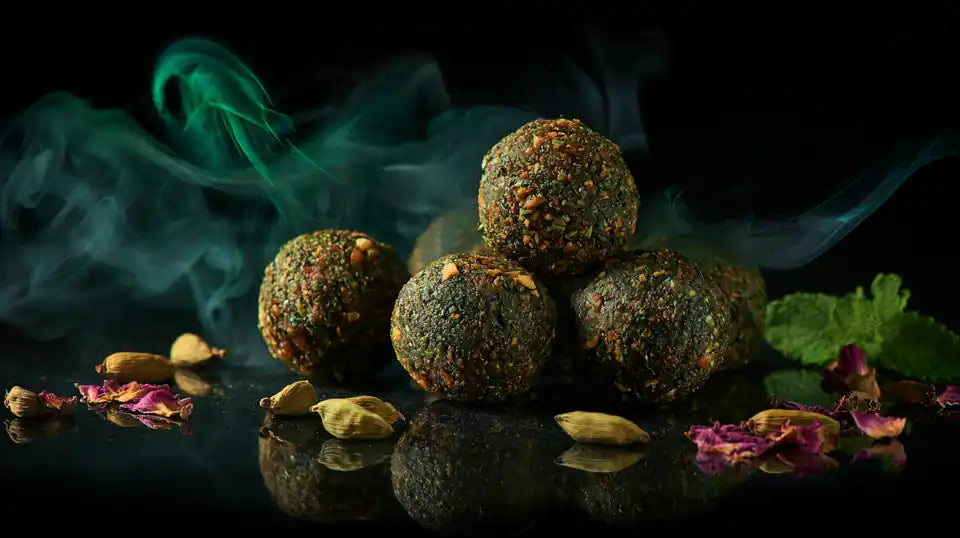 Flavored bhang goli featuring traditional herbal and botanical ingredients
