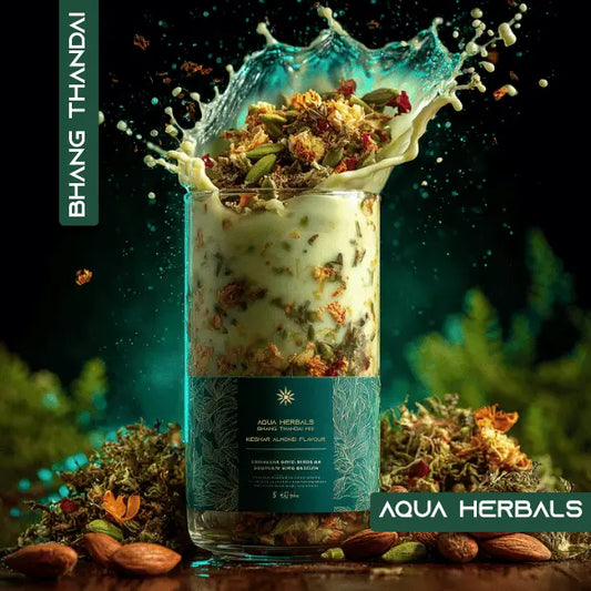 Premium Bhang Thandai mix by Aqua Herbals made with bhang leaves, nuts, milk spices, and traditional herbal ingredients