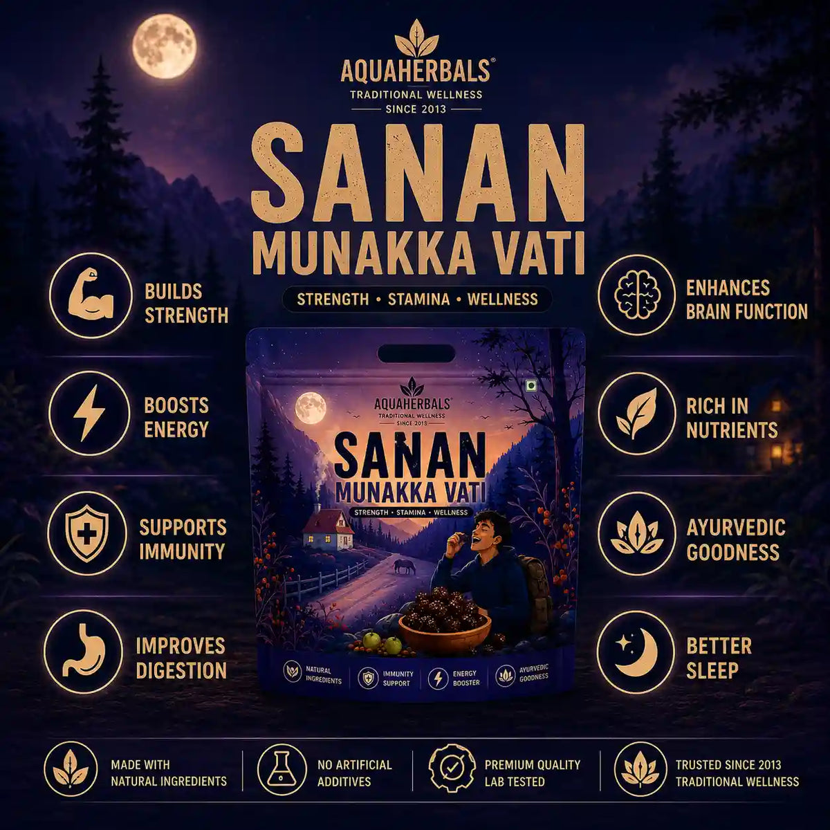 Sanan Munakka Vati benefits infographic - strength, stamina, immunity, digestion