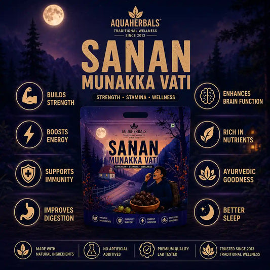 Sanan Munakka Vati benefits infographic - strength, stamina, immunity, digestion