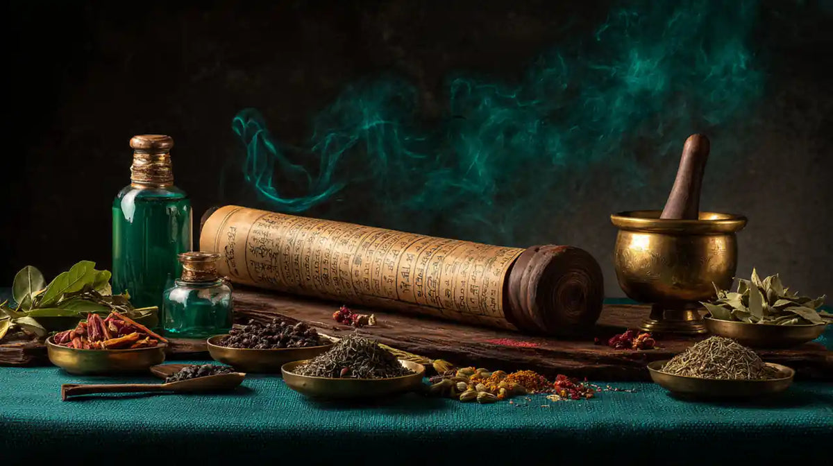 Traditional Ayurvedic manuscript and herbs representing Vijaya knowledge in Ayurveda