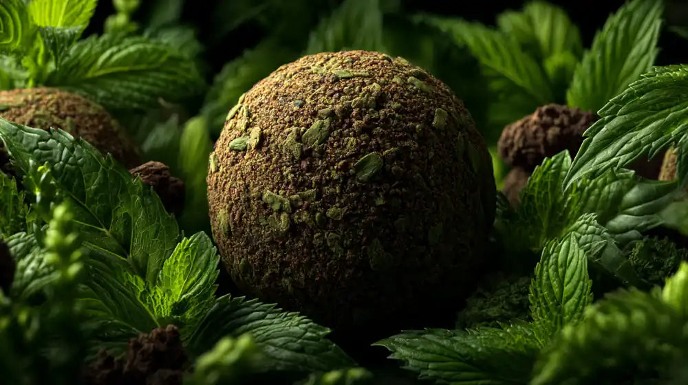 Close-up view of authentic traditional bhang goli made using Vijaya and herbal ingredients