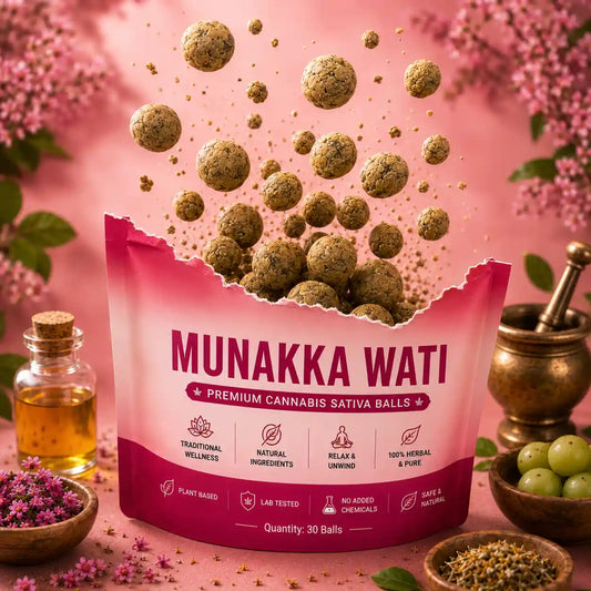 Aquaherbals Bhang Goli Munakka Vati open pouch with premium herbal balls spilling out