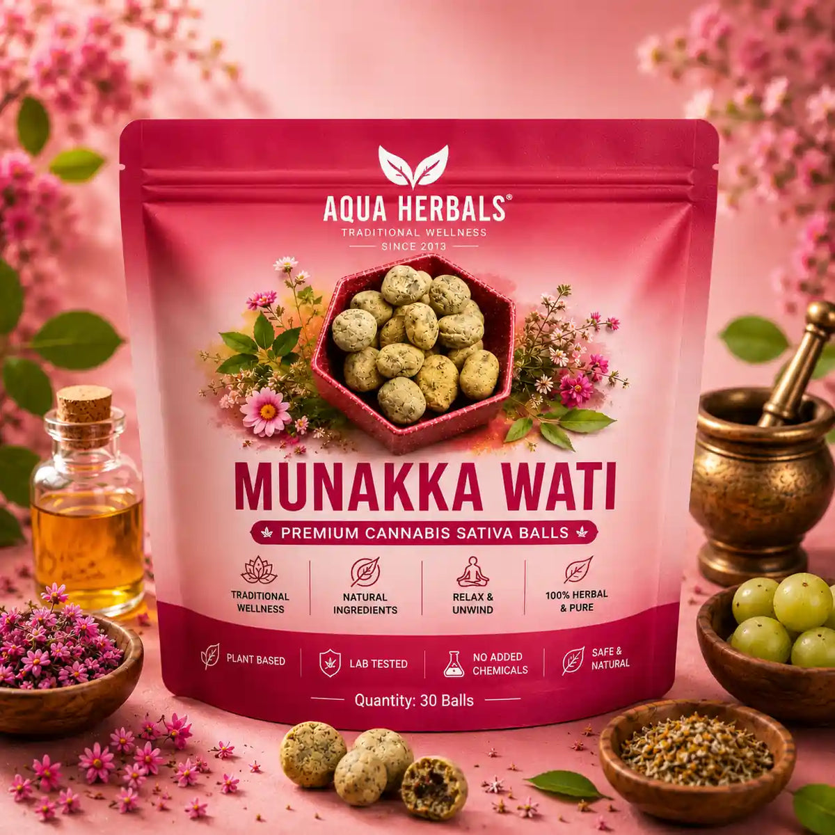 Aquaherbals Bhang Goli Premium Munakka Vati stand-up pouch with traditional Ayurvedic herbal formulation