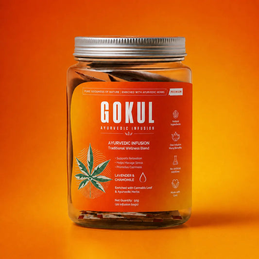 Premium Aqua Herbals Gokul Ayurvedic Infusion glass jar with orange and yellow gradient label on a warm orange background.
