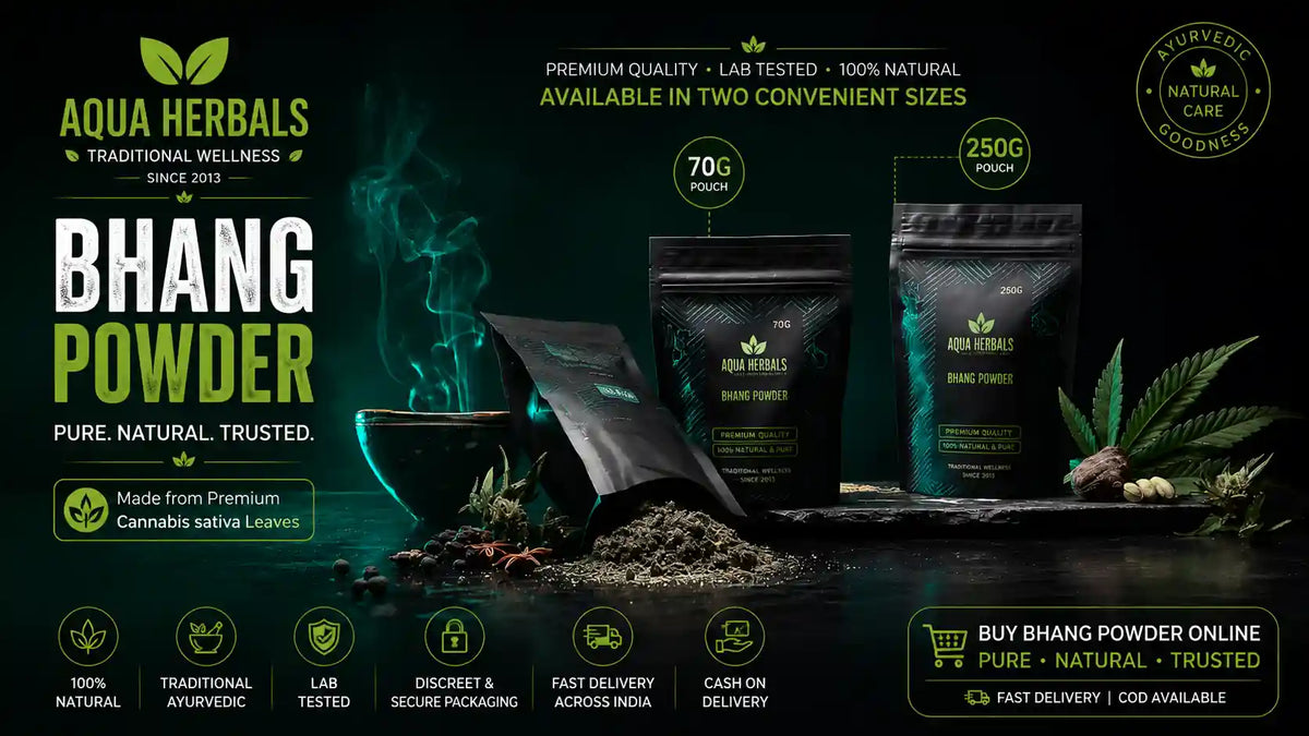 AquaHerbals bhang powder packaging — sealed airtight pouches in
70g and 250g sizes with gold branding, buy bhang powder online with fast
delivery and discreet packaging from AquaHerbals since 2013