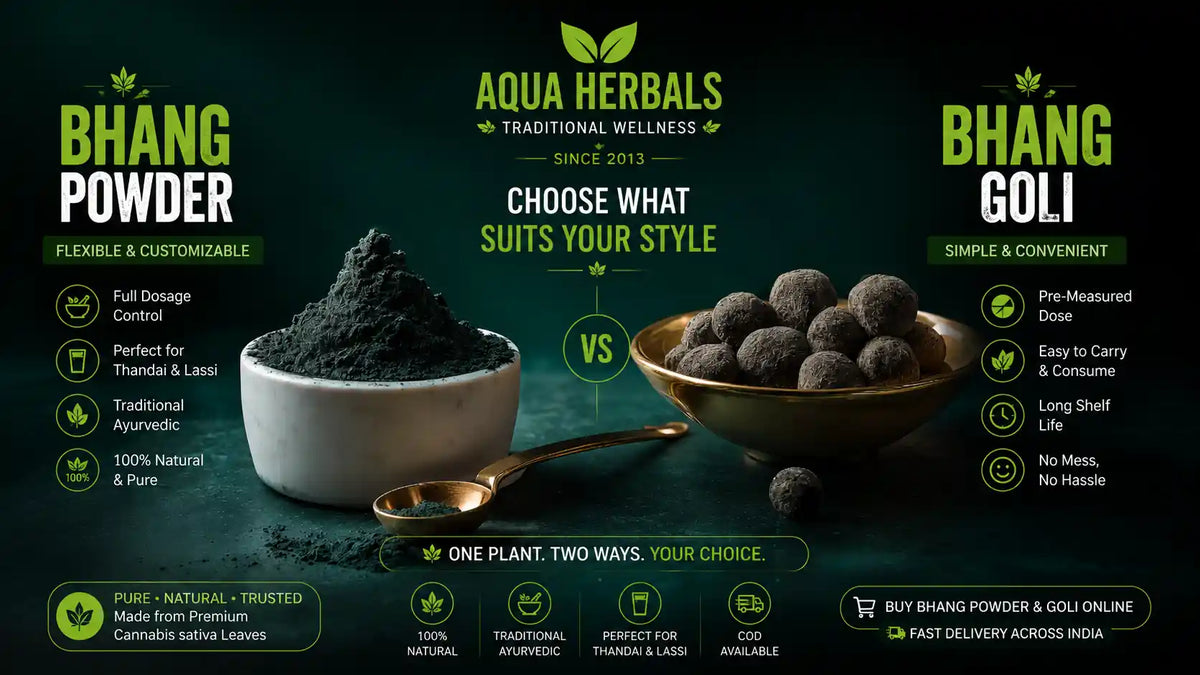 Bhang powder vs bhang goli comparison — bhang powder gives dosage
control for thandai and lassi while bhang goli offers pre-measured convenient
consumption, both available from AquaHerbals India with COD