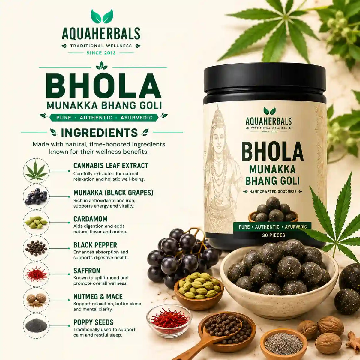 Bhola Munakka Bhang Goli Ingredients – Cannabis Leaf Extract, Munakka, Cardamom, Saffron | AquaHerbals