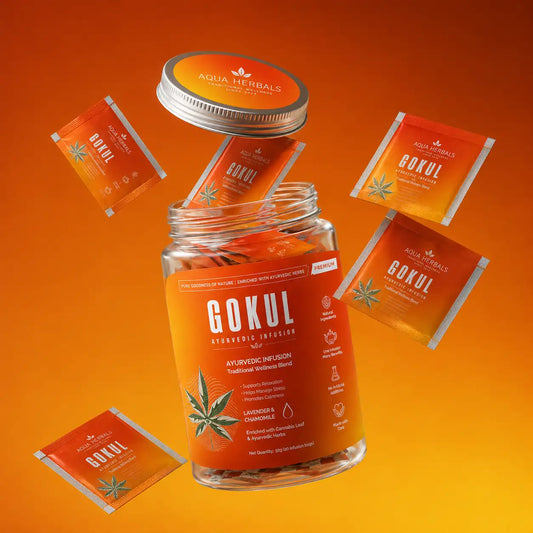 Aqua Herbals Gokul Ayurvedic Infusion glass jar with floating premium herbal sachets on an orange gradient background