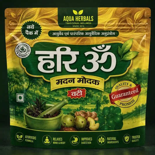 Hari Om Madan Modak Vati bhang goli front pack by AquaHerbals with Ayurvedic herbs and dry fruits