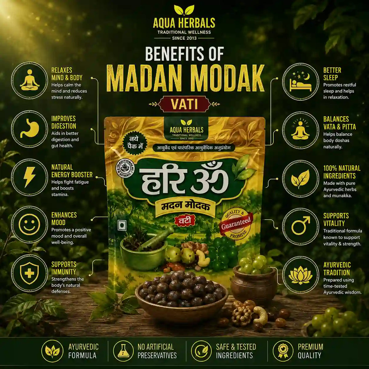Hari Om Madan Modak Vati infographic showing Ayurvedic formula, natural ingredients and traditional preparation