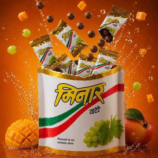 Opened Minar Vati Ayurvedic stand-up pouch with premium individual sachets and traditional herbal munakka balls on a vibrant orange background with dynamic water splash effects.