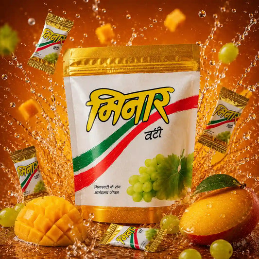 Premium Minar Vati Ayurvedic stand-up pouch with Hindi branding, grape-inspired design, water splash effect, and vibrant orange studio background.