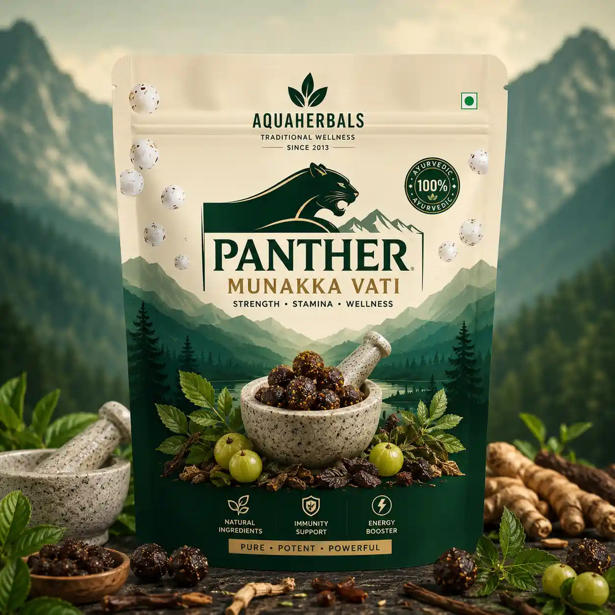 Panther Munakka Vati by AquaHerbals — Ayurvedic munakka bhang goli for strength, stamina, and wellness