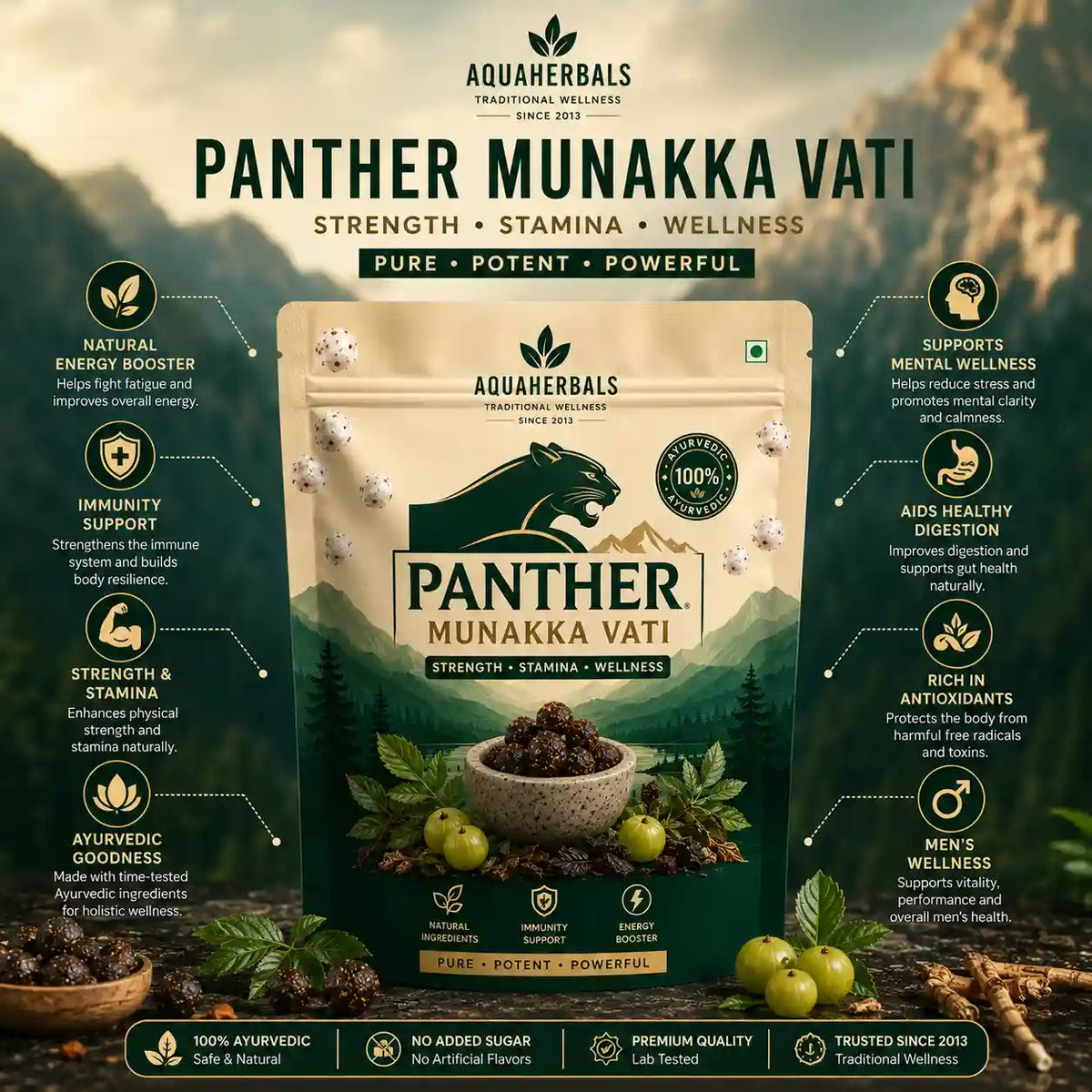 Benefits of Panther Munakka Vati bhang goli — energy, immunity, strength, mental wellness, digestion, and men's wellness